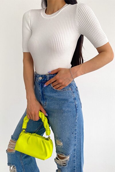 FEMELLE Γυναικεία πλεκτή μπλούζα με κοντό μανίκι Crew λαιμόκοψη