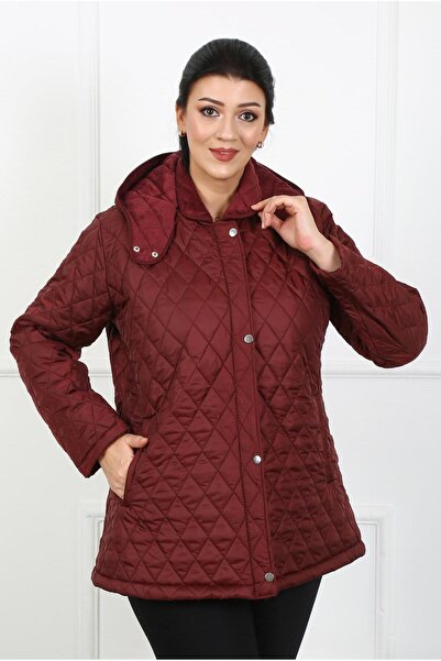 By Alba Collection Γυναικείο παλτό με καπιτονέ σε φέτες Baklava Plus Size Claret Red