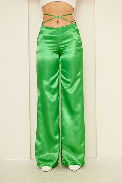 WOMAN VISION Pantaloni verzi din satin pentru femei cu design cu șireturi 9586