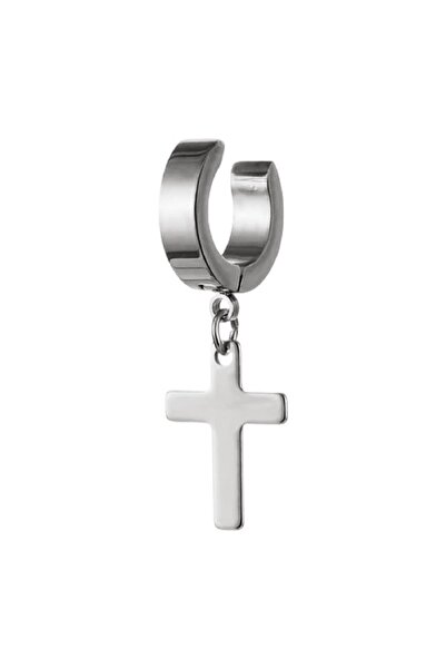 MAZEN Sıkıştırmalı Sallantılı Fake Haç Figürlü Çelik Küpe Gümüş Renk