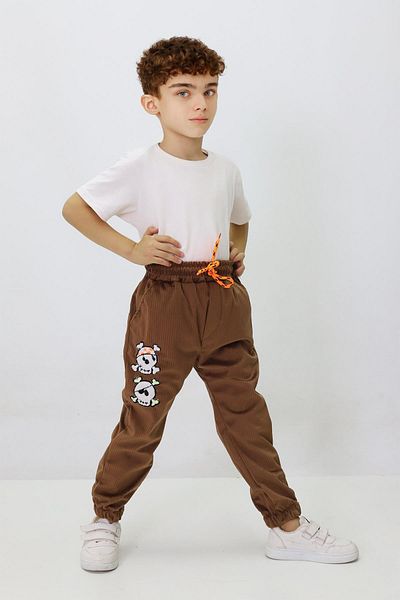 CANBİX Boy's Skull Embroidered Velvet Trousers