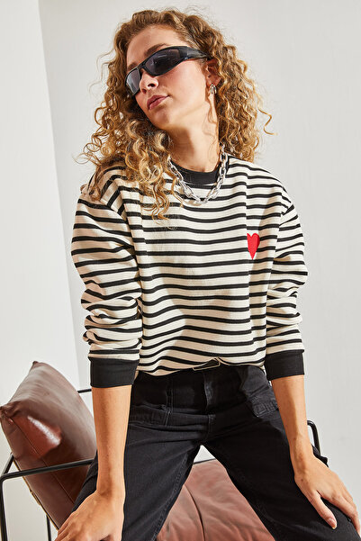 Bianco Lucci Kadın Çizgili Kalp Baskılı Sweatshirt