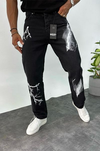MADZEYMODA Ανδρικό τζιν παντελόνι Lightning εμπριμέ μαύρο φαρδύ Jean