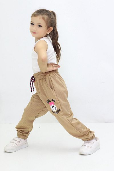 CANBİX Girl's Emoji Embroidered Velvet Trousers