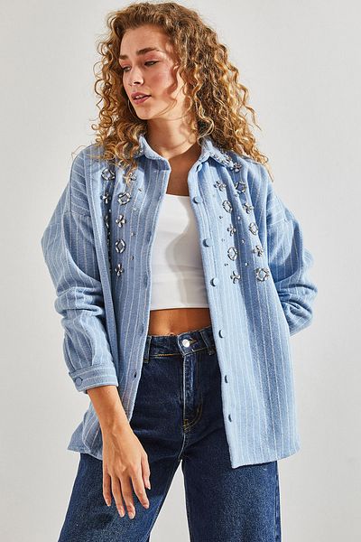 Bianco Lucci Women's Striped Small Stone Embroidered Stamp Shirt