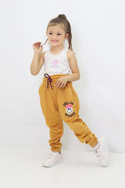 CANBİX Girl's Emoji Embroidered Velvet Trousers