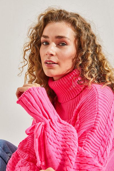 Bianco Lucci Women's Turtleneck Sleeves Lace Up Patterned Knitwear Sweater