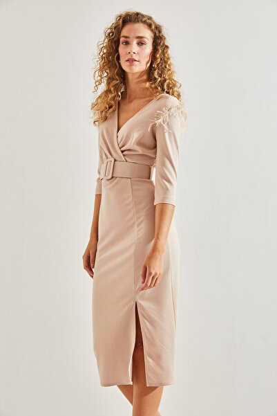 Bianco Lucci Γυναικείο φόρεμα με ζώνη με φούντα ώμου