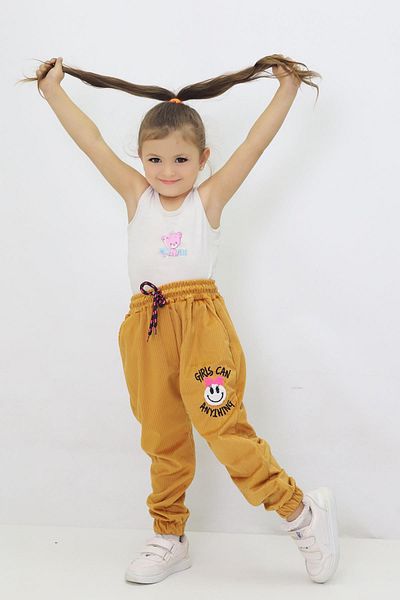 CANBİX Girl's Emoji Embroidered Velvet Trousers
