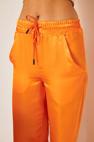WOMAN VISION High Waist and Pocket Orange Satin Women's Trousers - Lace-up Design 9139