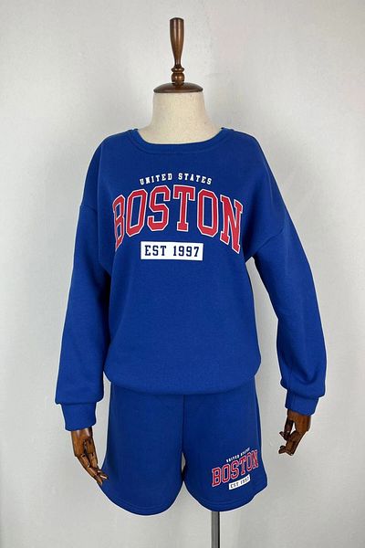 hazelin Women's Blue 3 Thread Raised Boston Printed Shorts Sweatshirt Top and Bottom Set HZL24W-FRY121221