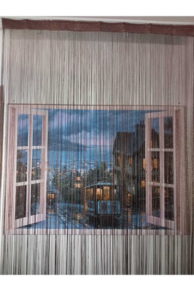 Üçbey Brown-Gold Buttons Sewn Ready-made Rope Model Curtain 150x265 Shortenable Rope Curtain Door Curtain