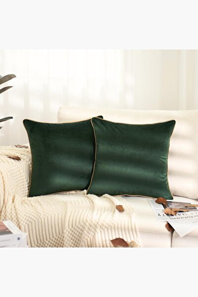 Bc Home Set of 2 Pine Green Throw Pillow Covers with Gold Edge Piping, Soft T...