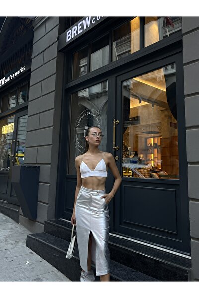 Eke Tekstil Γυναικεία σκίσιμο Λεπτομερής γυαλιστερή ψηλόμεση Pencil φούστα