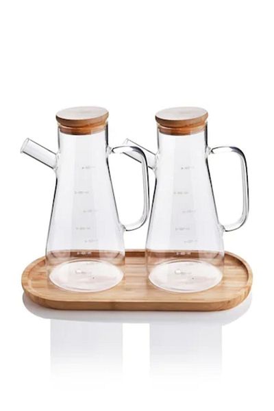 devigo 2x900 ML Glass Oil Bottle Set with Stand - Milk Bowl, Sauce Bowl, Bamboo Lid, Vacuum Borosilicate