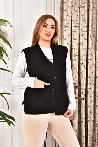 restinatriko Kadın Düğmeli Triko Anne Yeleği Büyük Beden Tüylenmez Cepli Rahat Kesim Yelpaze Desen