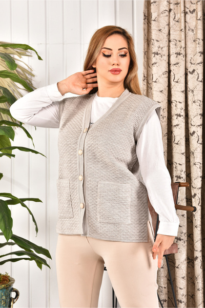 restinatriko Kadın Düğmeli Triko Anne Yeleği Büyük Beden Tüylenmez Cepli Rahat Kesim Yelpaze Desen