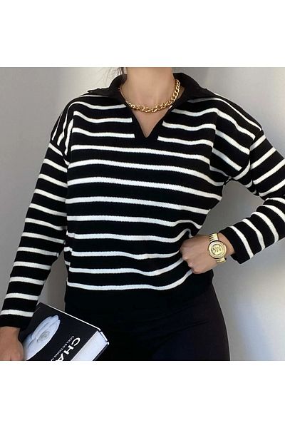 ELDİ Pulover de damă, cu gât polo, în dungi, supradimensionat, cu textura moale