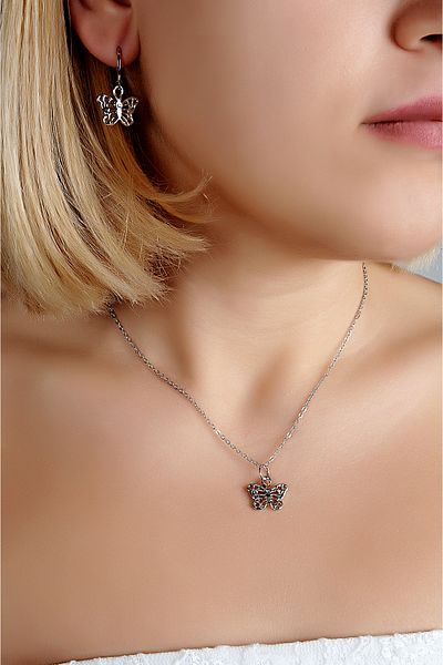 EUROMODA Butterfly Designed Silver Color Necklace Earring Set