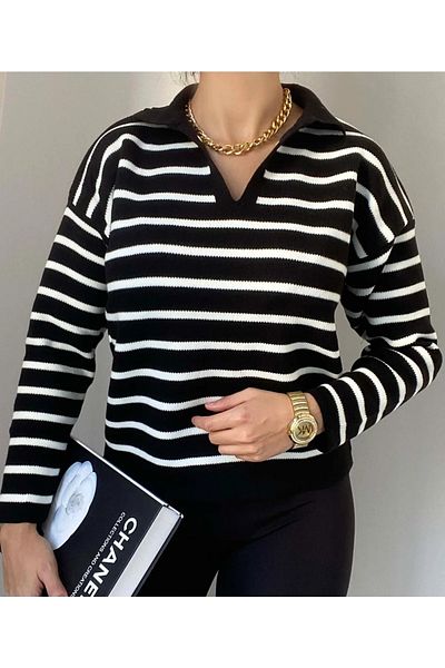 ELDİ Pulover de damă, cu gât polo, în dungi, supradimensionat, cu textura moale