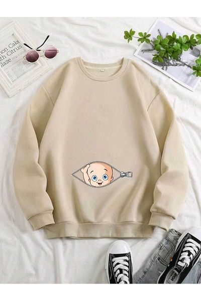 caxis Women's Zipper Baby Printed Maternity Oversize Crew Neck Sweatshirt