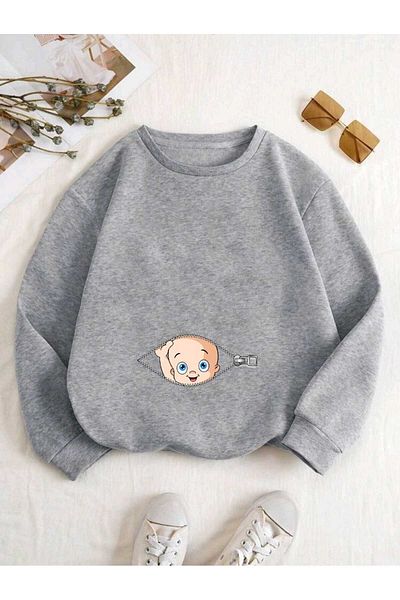 caxis Women's Zipper Baby Printed Maternity Oversize Crew Neck Sweatshirt