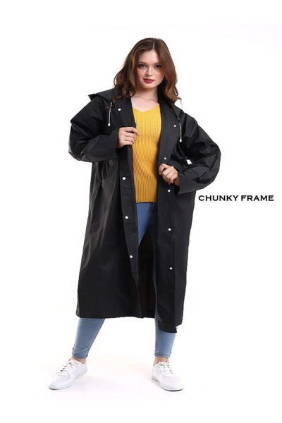 Chunky Frame Kadın Erkek Yağmurluk Şemsiye Kapüşonlu Çıtçıtlı Eva Siyah Yağmu...