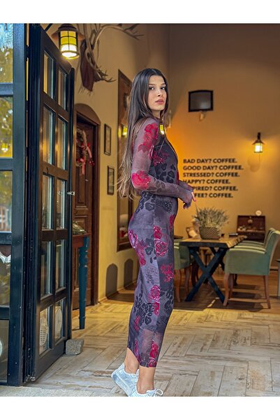 MY DEPO Kadın Midi Boy Çiçek Desenli 2'li Tül Elbise