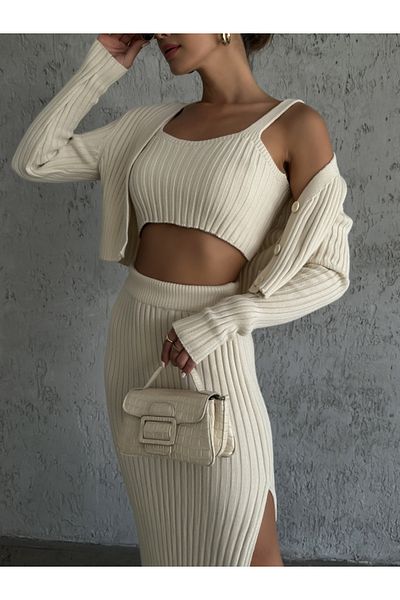 Elif Özbey Butik Triple Ecru Knitwear Set - With Skirt