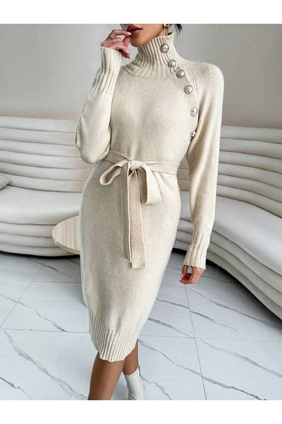 MAXXANA Knitted Dress with Button Detail and Raglan Sleeve Belt - Product Quality - Belt Length Increased