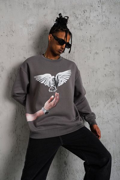 Shoteks UZİ Dove Printed - 3 Thread Cotton Unisex Oversize Sweat
