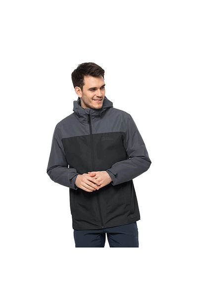Jack Wolfskin Ανδρικό Αδιάβροχο & Αντιανεμικό Μαύρο-Γκρι 1115311 -6350 Taubenberg 3In1 Jkt M Rain Coat & Windbreaker