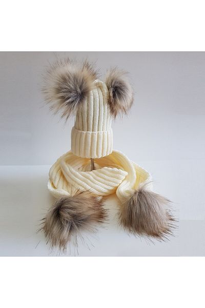 ESES BEBE Set beanie eșarfă pentru bebeluși cu pompon natural