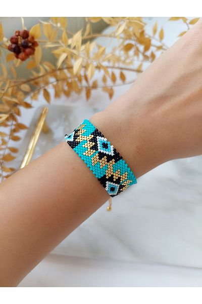 BUNİTA DESİGN Eye Detail Miyuki Beaded Handmade Adjustable Woven Cuff Miyuki Bracelet