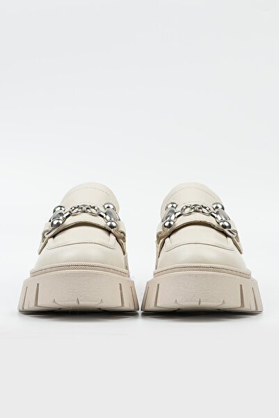 TUNAELLİ KADIN BEJ HAKİKİ DOĞAL DERİ TOKALI LOAFER AYAKKABI