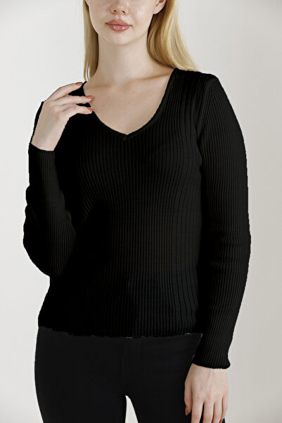 VEGENZE Women's Black V-Neck Knitwear Sweater