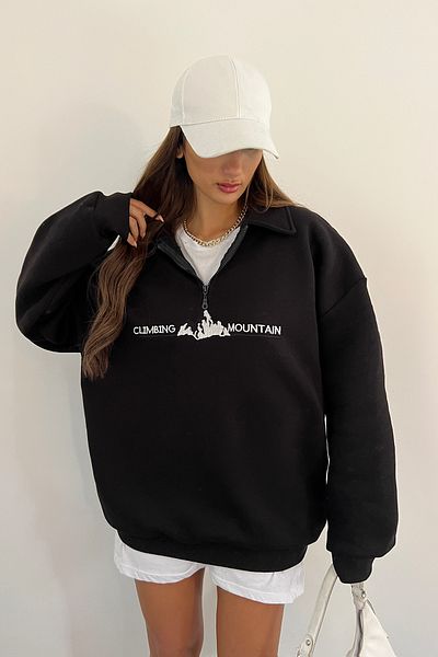 Sun Victoria Unisex Black Polo Neck Oversize 3 Thread Raster Embroidered Sweatshirt