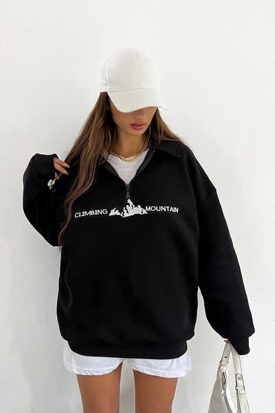Sun Victoria Unisex Black Polo Neck Oversize 3 Thread Raster Embroidered Sweatshirt