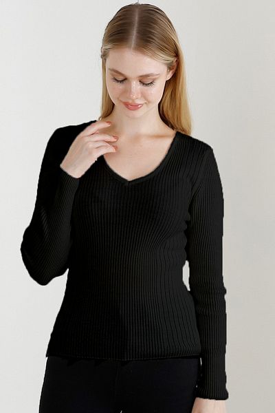 VEGENZE Pulover de damă negru tricot cu decolteu în V