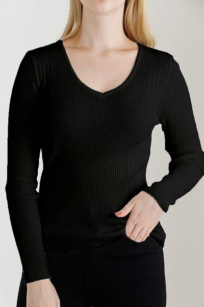 VEGENZE Pulover de damă negru tricot cu decolteu în V
