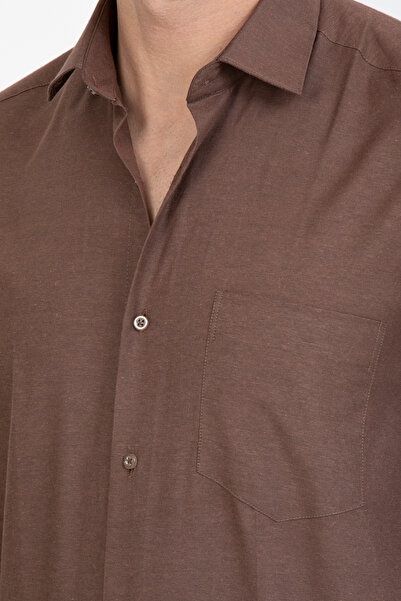 Varetta Мъжка кафява риза с класически крой и джоб, обикновена, с дълъг ръкав