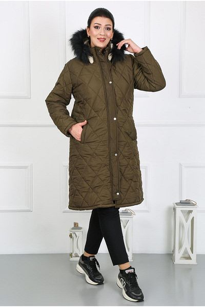 By Alba Collection Women's Khaki Long Crinkle Fabric Wool Inside Plus Size Coat