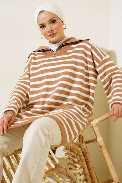 benguen 11020-03 Ριγέ Πλεκτό Tunic Mink με γιακά με φερμουάρ