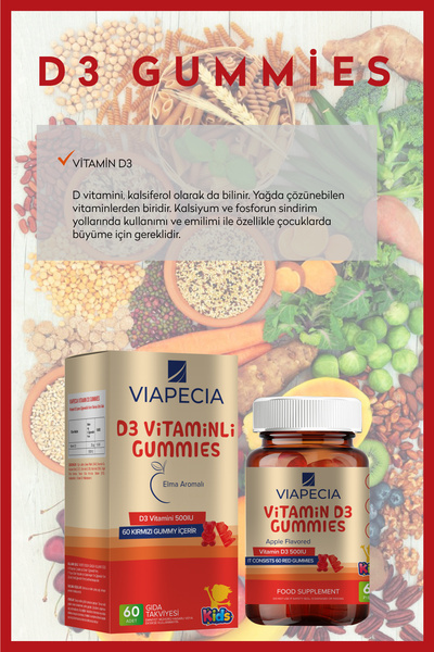 Viapecia Jelibon Formunda Gummy Vitamin D3 D Vitamini Eksikliği Çocuklarda Büyüme 60 Adet