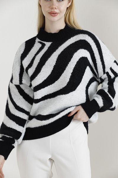 VEGENZE Pulover de damă negru cu model zebră supradimensionată, tricotaje groase