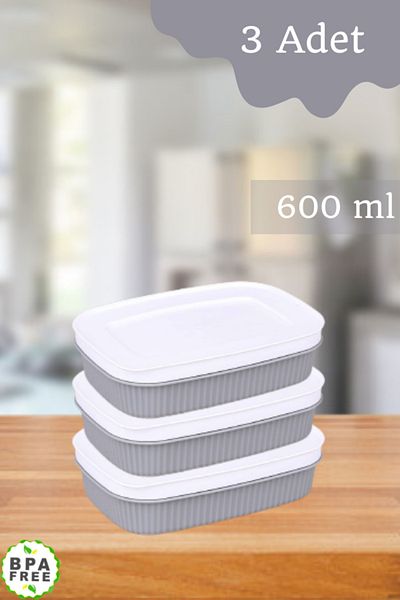 LİGROUND 3 Pieces 600 ml Gray Refrigerator Breakfast Storage Container with Lid - Organizer - Breakfast Food Container
