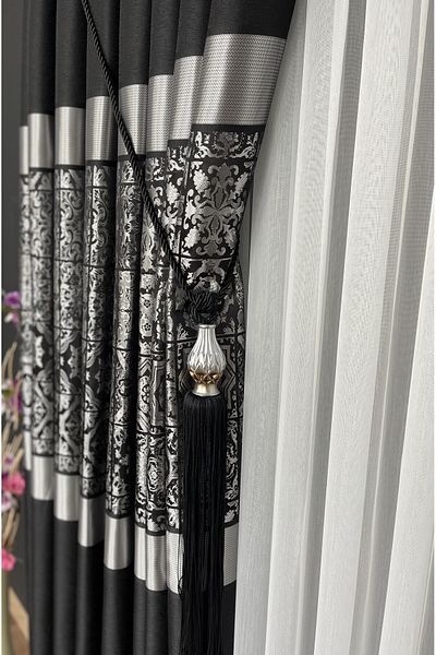 Yuka Panou fundal perdeaua negru gri o singura aripa strâns plisată jacquard cu model strălucitor 90 X 280