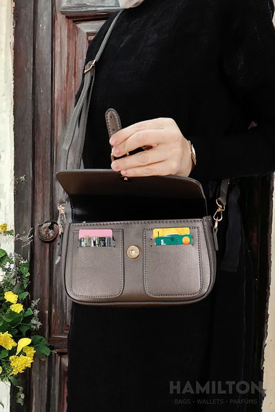 HAMILTON Original Women's Gray Crossed Adjustable Strap Lined Leather Baguette Daily Shoulder Bag with Card Holder
