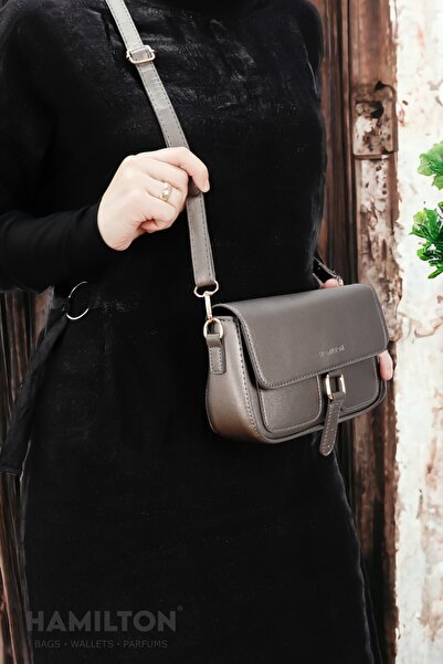 HAMILTON Original Women's Gray Crossed Adjustable Strap Lined Leather Baguette Daily Shoulder Bag with Card Holder