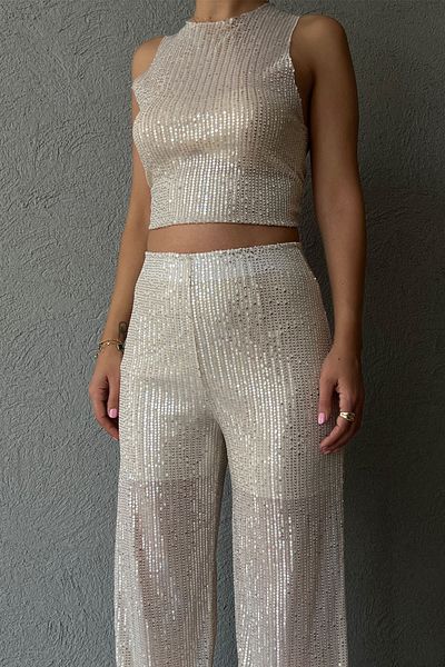 Seda Yalçın Atelier Beige Sequin Transparent Blouse and Elastic Waist Pants Set
